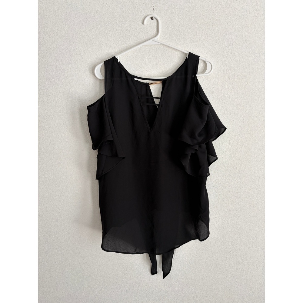BCX Black Cold Shoulder Ruffle Sleeve Tie Front Blouse Gold Bar Accent XL